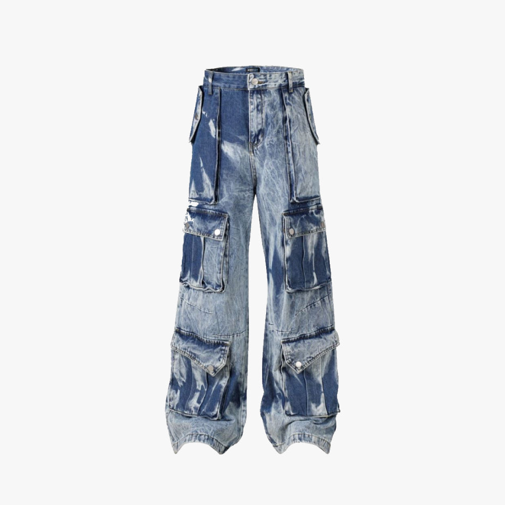 Washed Blue Multi Pockets Baggy Denim