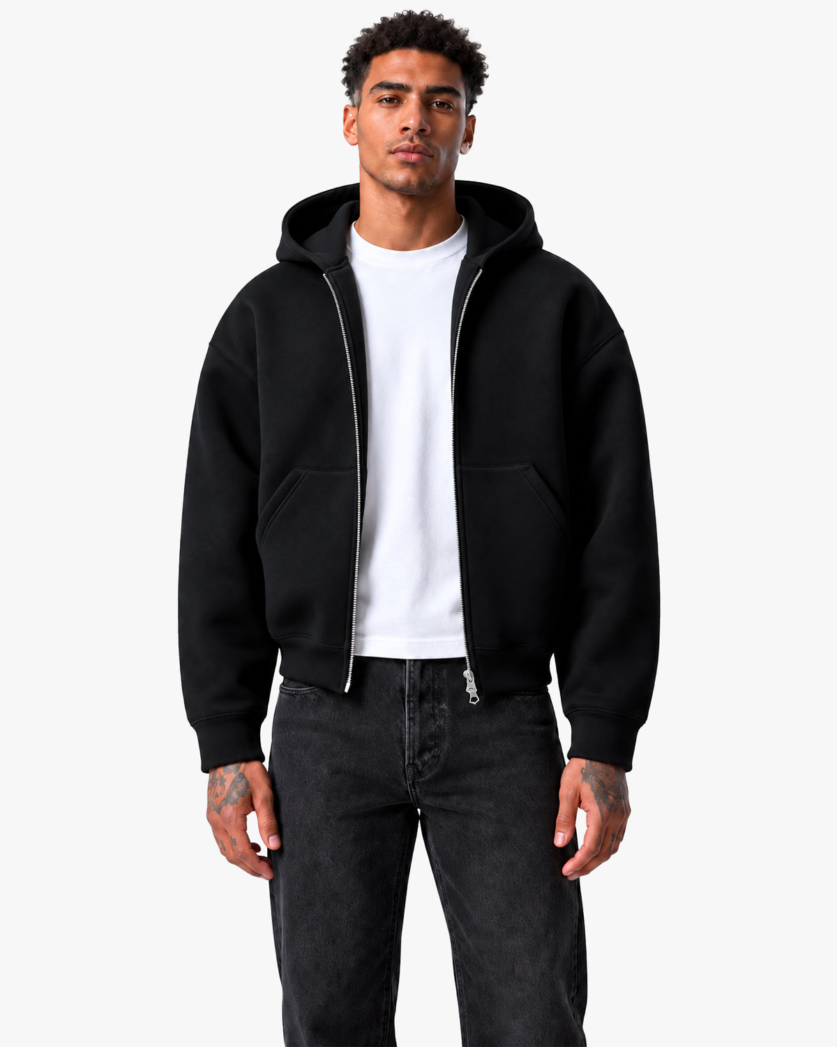 Essential Boxy Zip Hoodie – Black