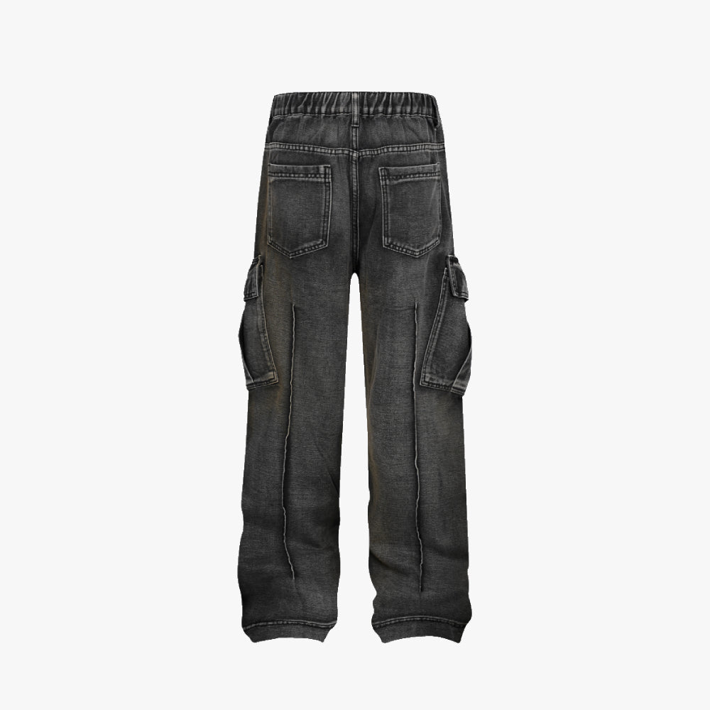Washed Black Multi Pockets Baggy Denim