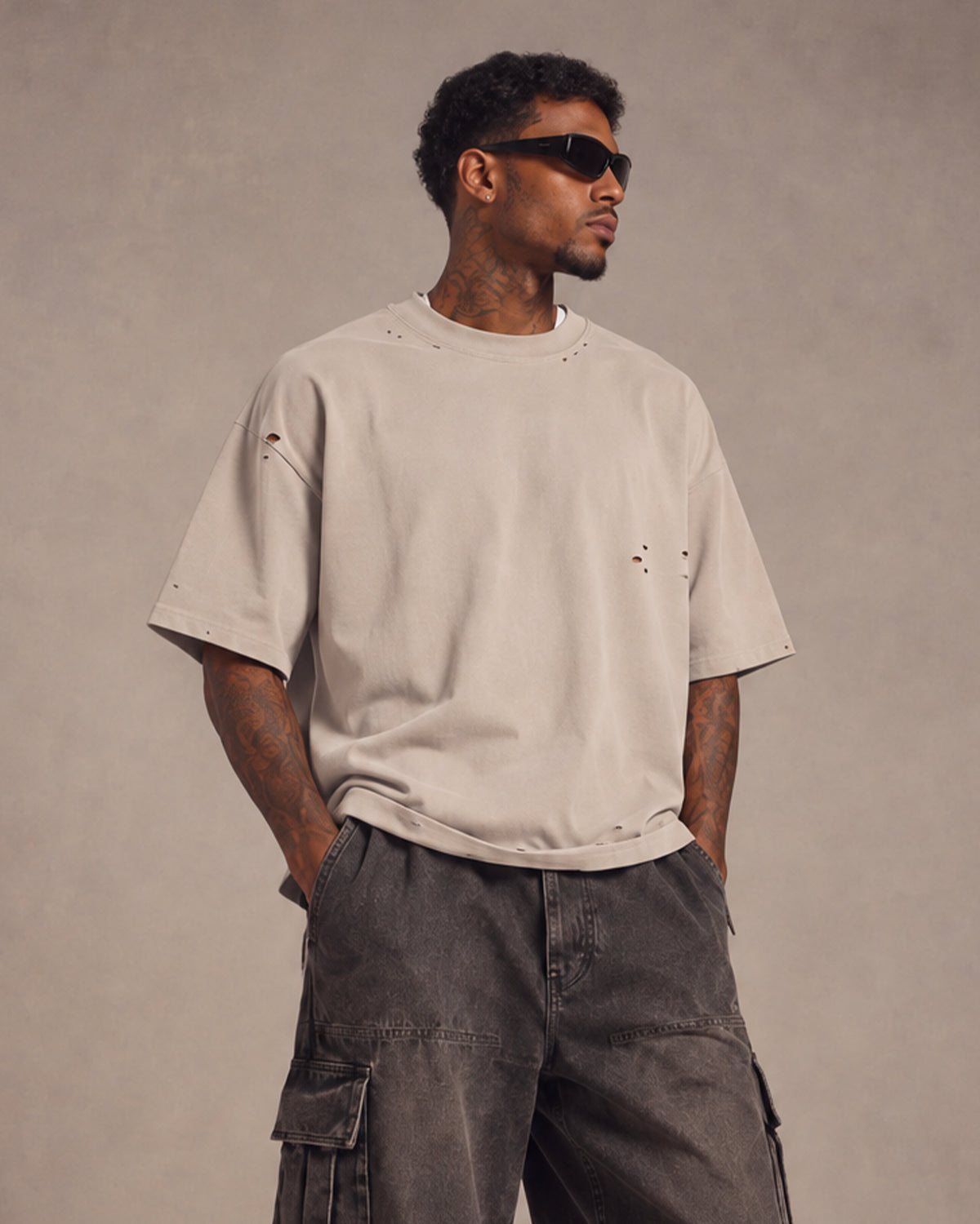 Destroyed Boxy Tee - Sand