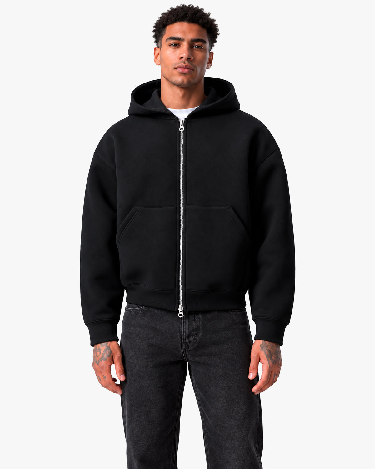 Essential Boxy Zip Hoodie – Black