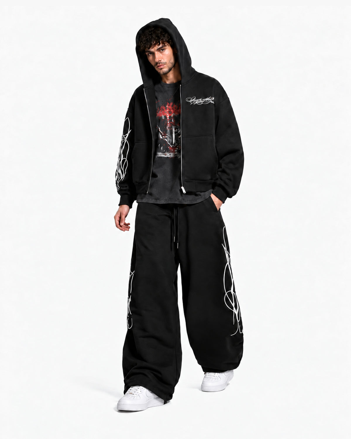 Script Wide Leg Sweatpants – Black