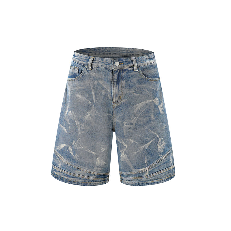 Front view of washed blue denim shorts